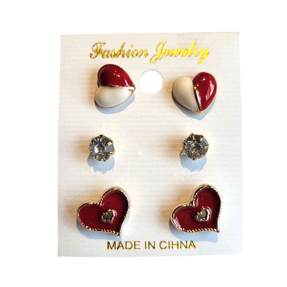 Red Heart Stud Earrings Set w/ Crystal Studs & Red White Hearts 3 Pair Gift Bag